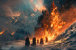 Ragnarok from Norse mythology, army of Viking warriors walking through the snowy mountains and lava with fires of the cataclysm