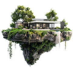 Wall Mural - 3d illustration modern house with solar panel floating with beautiful landscape waterfalls and green tree island, Flying land, isolated on white background, png