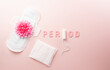 White sanitary pad and the text on pastel background. Woman health or body positive concept.