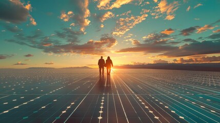 The solar farm(solar panel) with two engineers walk to check the operation of the system