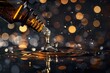 Golden Liquid Essence Pouring into Pool with Sparkling Bokeh Background