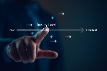 Poster - Quality Improvement and Management System, Quality levels growth, Quality improvement assurance certification service concept. Manager with quality control. Business product and service concept.