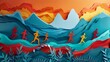 Design an energetic paper cut advertisement for a marathon, with dynamic figures of runners racing through a scenic route