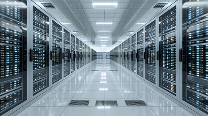 modern data center with rows of server machines in the background. White floor, black ceiling. Blue and green color palette. High resolution. very detailed