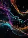 Fototapeta Konie - Ethereal neon musical notes flowing background - A dark canvas with neon musical notes creates an aura that mesmerizes and represents the digital visualization of music and audio frequencies