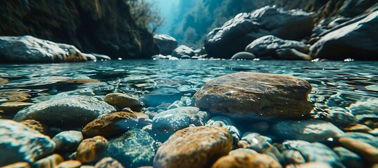 Wall Mural - Capturing the Serenity of Nature's Palette - A Stunning Composition of Smooth Pebbles Adorning the Bed of a Pristine Mountain Stream, Their Soft Hues Illuminated Beneath the Crystal-Clear Waters