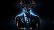 Full-length portrait of a reindeer in a business suit, its majestic stance highlighted against a dark background, exuding elegance and power, Futuristic