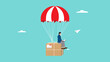 dropshipping business illustration, e-commerce website store and let supplier ship product directly to customer, businessman using a computer sends a drop ship order package with flying parachute