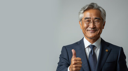 Senior asian businessman gives appreciation by showing thumbs up