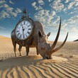 melted clocks in an arid sand landscape at midday a long-legged rhinoceros