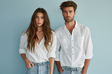 Attractive young couple posing in white shirts and denim jeans, exuding casual elegance and modern style.