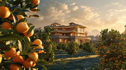 Sticker - A stylish house surrounded by a thriving fruit garden, with fruit trees offering a bounty of delicious fruits in all shapes and colors. with sunlight on house 