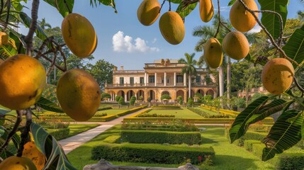 Sticker - A modern house nestled within a lush fruit garden, surrounded by vibrant fruit trees bearing ripe, colorful fruits. 