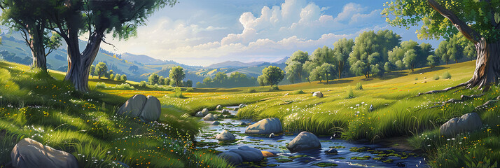 Wall Mural - landscape painting of an idyllic countryside scene with rolling hills, generative AI