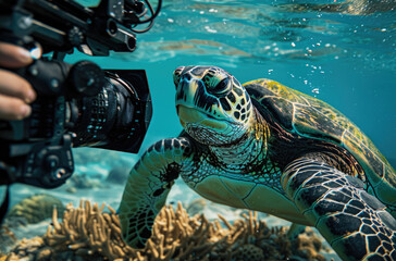 A giant sea turtle being photographed