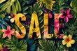 Vibrant SALE text set against a tropical background with bold hibiscus flowers and dense foliage