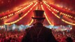 A ringmaster standing tall and proud back to the cameras as surveys the crowd gathered underneath the big top. . .