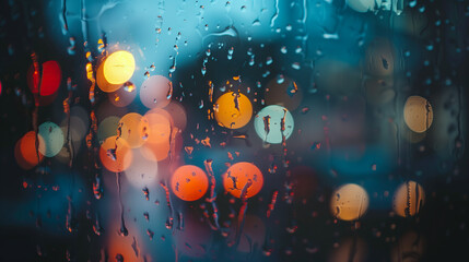 Canvas Print - raindrops on glass create a canvas for the bokeh lights of the city at night