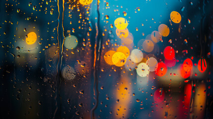 Canvas Print - raindrops on glass create a canvas for the bokeh lights of the city at night