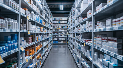 Poster - medicine stored on shelves in warehouse