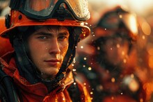 A Close-up Shows A Firefighter's Rain-soaked Face, Illuminated By The Warm Glow Of A Fire, A Juxtaposition Of The Elements At Play In His Line Of Work.