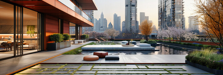 Wall Mural - Urban Garden High Above, Where the Skyline Meets Greenery, Offering a Birds Eye View of a City Embracing Nature and Architectural Innovation