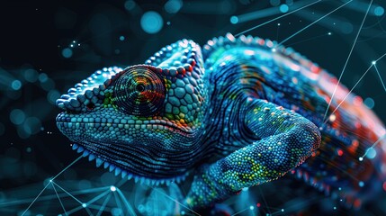 Wall Mural - Digital chameleon in neon colors. Big data visualization. Information aesthetic design. Animal learning. Generative AI