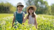 A picture of a young boy and girl walking through a field of vibrant green plants that are being grown for biofuel production. They are holding hands and smiling showcasing the importance .