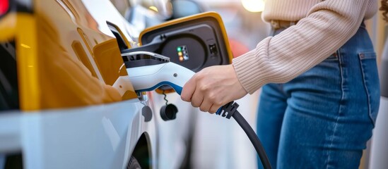 A close-up of a person's hand plugging a charging cable into an electric car for power