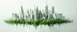 Sustainable city concept with a verdant urban skyline and a mirrored surface, illustrating environmental awareness.