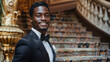 With a sleek black tuxedo and a sharp hairstyle a black man stands in front of a vintage cinema staircase. His charismatic smile and polished appearance exude effortless elegance .