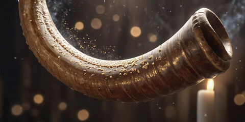 Wall Mural - The Mystic Horn and Ancient Text. A polished shofar horn resting atop an open, aged book. The scene is illuminated by the ethereal glow of sparks, creating a mystical atmosphere 