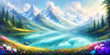 A beautiful artistic painting of a serene landscape featuring a large lake surrounded by mountains and flowers, while the mountains in the background provide a stunning backdrop.