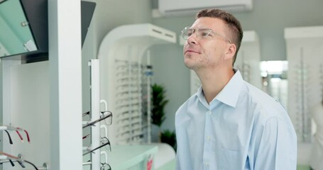 Poster - Man, choice and mirror with glasses for optometry or vision and happy for shopping decision in store. Male person, eye health and selection for prescription, spectacles and eyewear for eyesight.