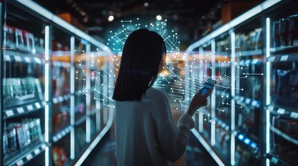 Aufkleber - A woman is holding a cell phone in a store with a digital display of a woman's face on the screen