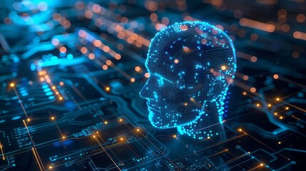Poster - A computer chip with a blue face on it. Concept of technology and artificial intelligence
