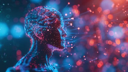Poster - A man's head is shown in a computer generated image with a lot of red and blue colors. The image is abstract and has a futuristic feel to it