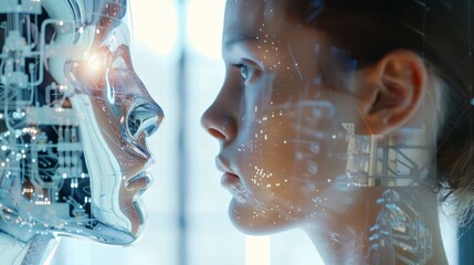 Poster - A girl's face is shown in a computer generated image with a robot face. The girl's face is surrounded by a lot of wires and circuitry, giving the impression of a futuristic, robotic appearance