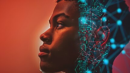 Aufkleber - A man's face is shown in a computer generated image. The image is a representation of the man's face, with the computer creating a digital version of him. The image has a futuristic