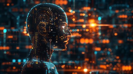Poster - A computer generated face with a black body and orange background. The face is surrounded by a lot of lights and the background is filled with a lot of orange and blue lights