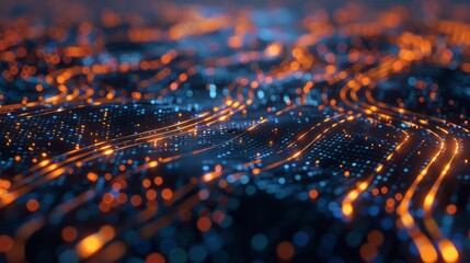 Poster - A computer generated image of a cityscape with orange and blue lights. The image has a futuristic and technological vibe, with the bright colors and patterns giving it a sense of energy and movement