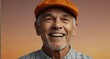young american elderly man on plain bright orange background laughing hysterically looking at camera background banner template ad marketing concept from Generative AI