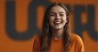 young american teenage girl on plain bright orange background laughing hysterically looking at camera background banner template ad marketing concept from Generative AI