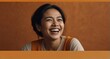 young filipino middle aged woman on plain bright orange background laughing hysterically looking at camera background banner template ad marketing concept from Generative AI
