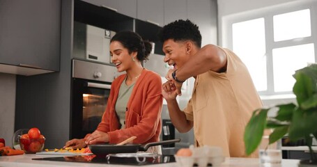 Poster - Cooking, vlogger and couple in kitchen with camera for live streaming, content creation and diet advice. Healthy food, influencer man and woman in home for broadcast, photography and online tutorial