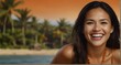 young native hawaiian middle aged woman on plain bright orange background laughing hysterically looking at camera background banner template ad marketing concept from Generative AI