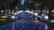 A nighttime shot of a park lined with spherical solar panels illuminating the pathway and creating a calming ecofriendly environment. . .