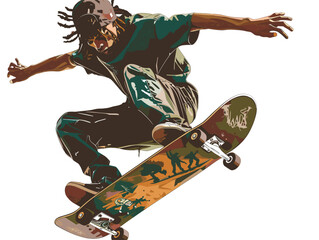 white background, Doing a kickflip on a skateboard, in the style of animated illustrations, full body, only one man, text-based