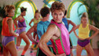 Retro 1980s Style Male Aerobics Instructor Wearing Bright Colorful Fitness Clothing With Copy Space