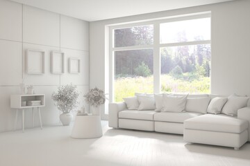 Grey living room concept with sofa and summer landscape in window. Scandinavian interior design. 3D illustration